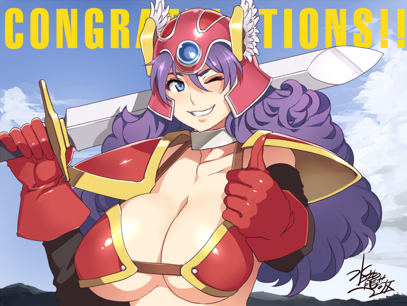 breasts chunsoft dragon_quest dragon_quest_iii english enix gloves helmet large_breasts purple_hair smile soldier_(dq3) sword weapon