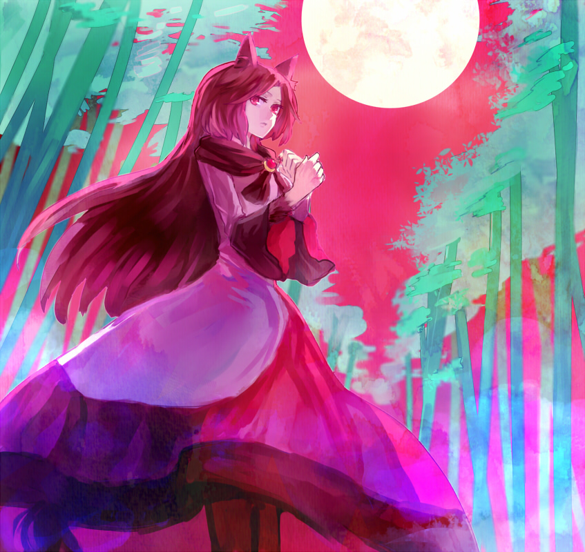 animal_ears bamboo bamboo_forest brown_hair dress forest full_moon fur imaizumi_kagerou kotaro-nosuke long_hair moon nature red_hair scarf solo touhou wolf_ears