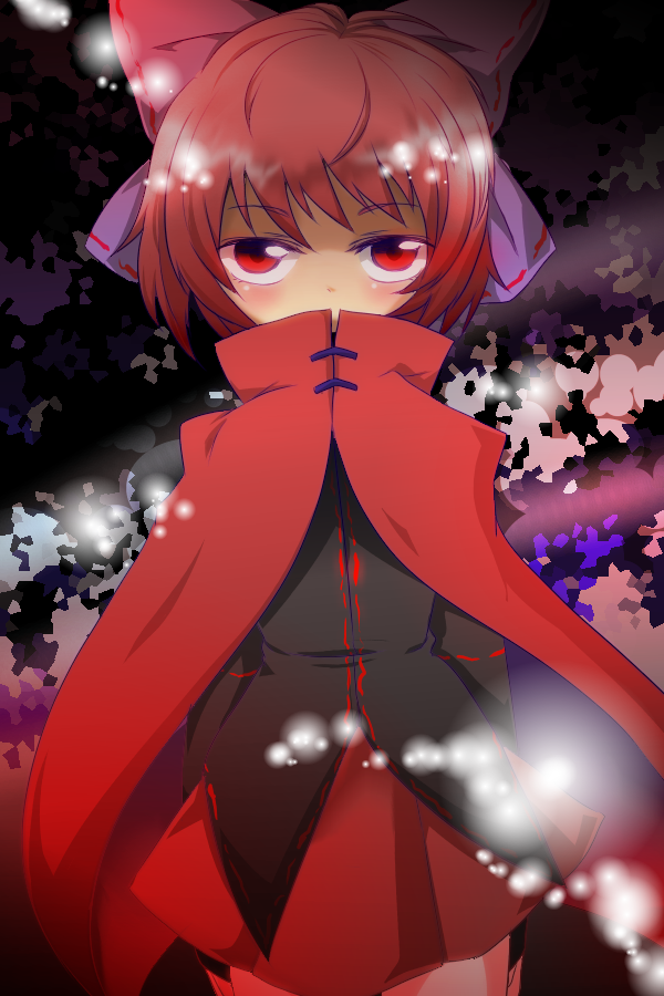 arms_behind_back blouse bow cape hair_bow light_particles looking_at_viewer multicolored multicolored_background no_mouth red_eyes red_hair sekibanki shiodzuke skirt touhou