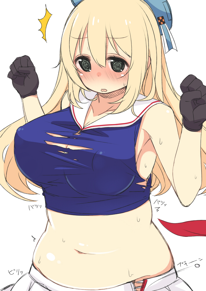 1girl atago_(kantai_collection) black_gloves blonde_hair blue_hat blush breasts cleavage cosplay covered_nipples gloves hat kantai_collection large_breasts long_hair maya_(kantai_collection) maya_(kantai_collection)_(cosplay) midriff navel nekoume plump popped_button sketch skirt sleeveless solo torn_clothes undersized_clothes