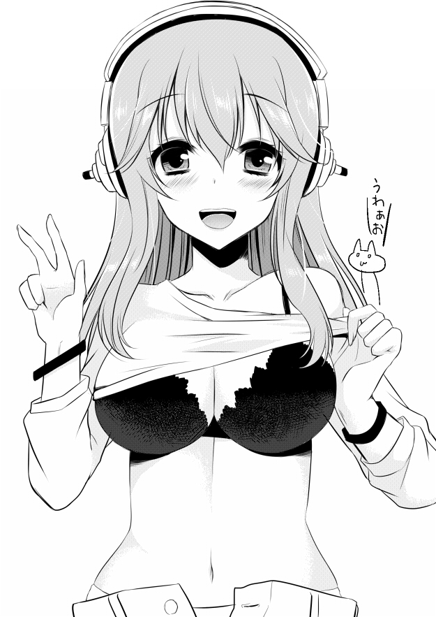 agekichi_(heart_shape) bad_id bad_pixiv_id blush bra breasts cleavage greyscale headphones large_breasts long_hair looking_at_viewer monochrome open_mouth original shirt_lift simple_background smile solo underwear v white_background