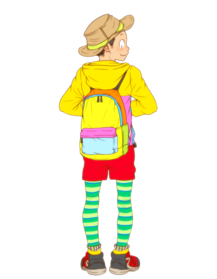 backpack bag black_hair blush from_behind full_body hat jacket male_focus original shoes shorts smile sneakers socks solo striped striped_legwear torte_(triggerhappy)