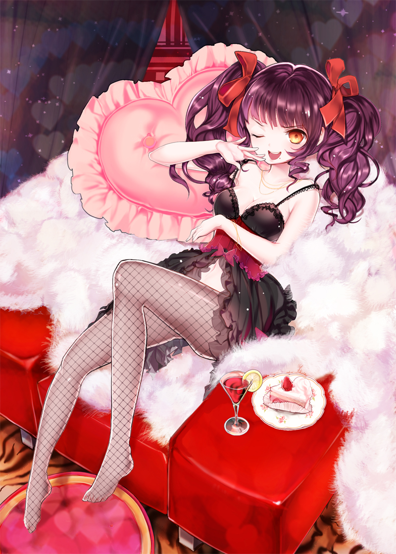 bad_id bad_pixiv_id breasts brown_hair cake cleavage drink fishnet_pantyhose fishnets food frilled_pillow frills glass hair_ribbon heart heart_pillow joypyonn looking_at_viewer medium_breasts mole mole_under_mouth navel one_eye_closed open_mouth original pantyhose pillow ribbon short_hair sitting smile solo twintails wavy_hair yellow_eyes