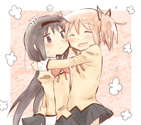 akemi_homura chi_(chiwa) closed_eyes hair_ribbon hairband hug kaname_madoka long_hair lowres mahou_shoujo_madoka_magica multiple_girls petting pink_eyes pink_hair purple_eyes ribbon school_uniform short_twintails twintails