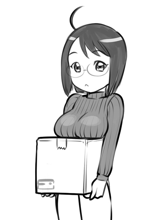 :&lt; ahoge black_hair box breast_rest breasts breasts_on_box carried_breast_rest glasses greyscale large_breasts long_sleeves monochrome on_box ribbed_sweater servant_x_service short_hair solo sweater ueyama_michirou yamagami_lucy