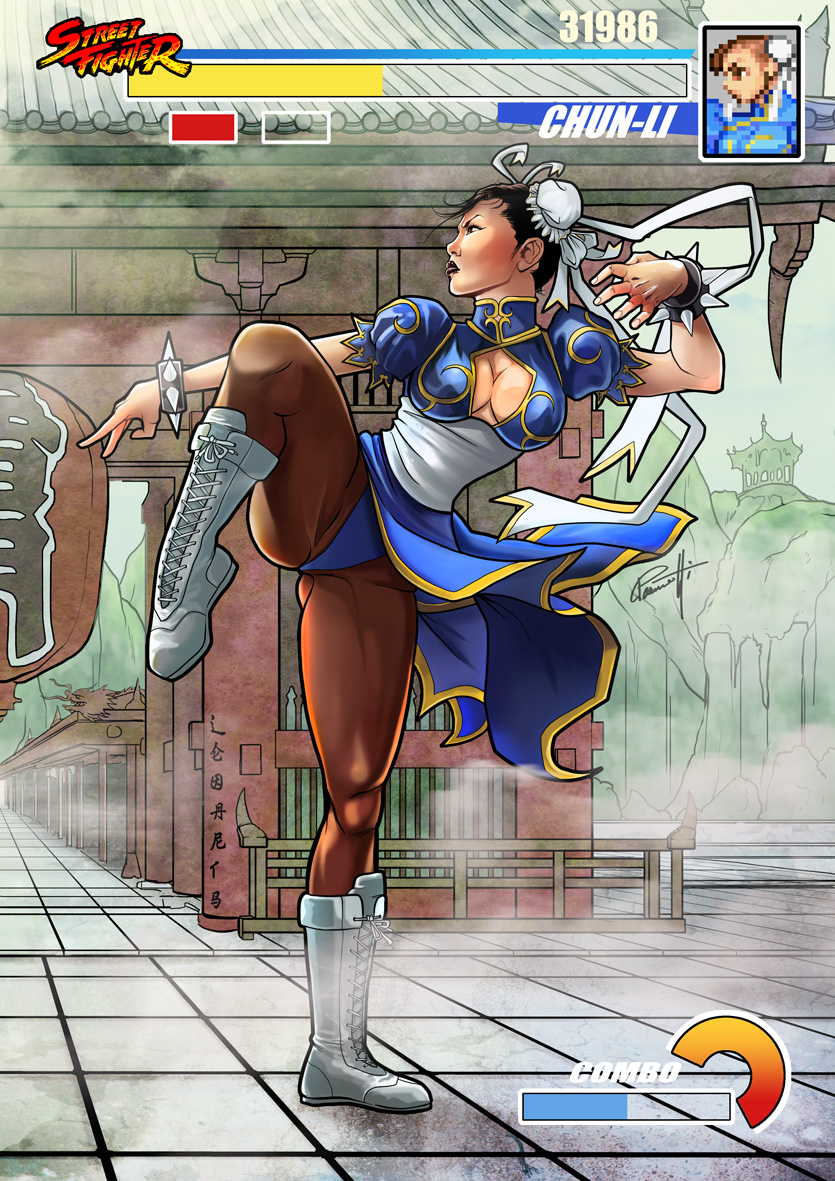 boots bracelet breasts brown_hair bun_cover china_dress chinese_clothes chun-li cleavage_cutout double_bun dress fighting_stance health_bar jewelry large_breasts leonardo_paciarotti pantyhose short_hair solo spiked_bracelet spikes street_fighter