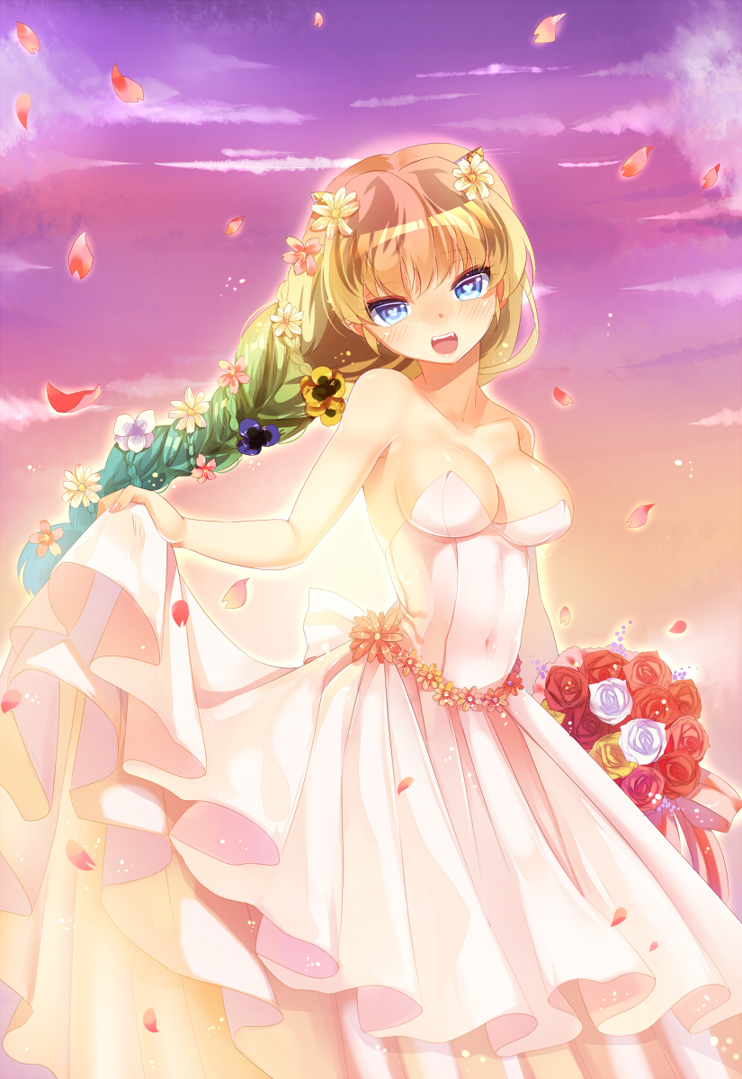 bare_shoulders blonde_hair blush bouquet breasts copyright_request dress flower gradient_hair hair_flower hair_ornament heart heart-shaped_pupils highres long_hair looking_at_viewer medium_breasts multicolored_hair mvv open_mouth skirt_hold smile solo symbol-shaped_pupils wedding_dress white_dress