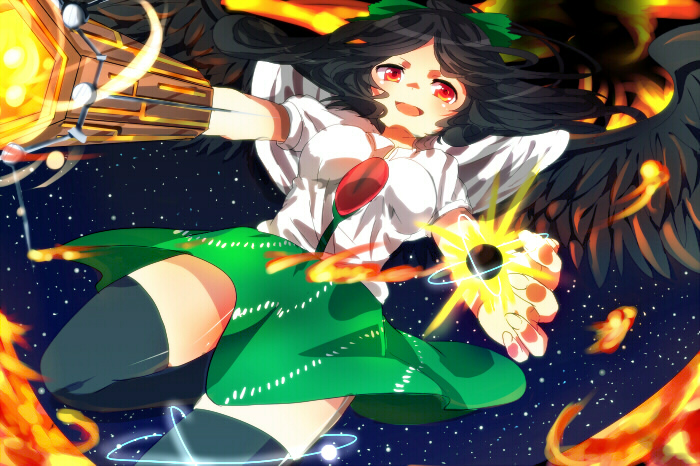 arm_cannon black_hair black_legwear black_wings fire hair_ribbon long_hair red_eyes reiuji_utsuho ribbon solo thighhighs touhou tsukikusa weapon wings