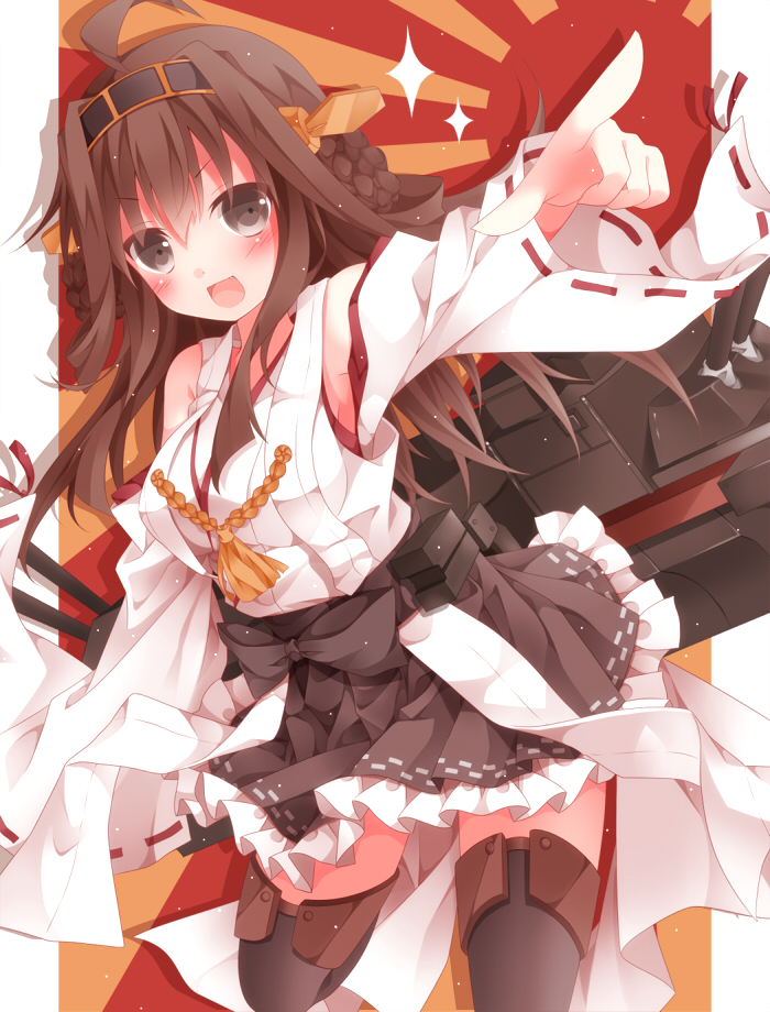 ahoge bare_shoulders blush brown_hair detached_sleeves hair_ornament hairband headgear japanese_clothes kantai_collection kongou_(kantai_collection) long_hair mogu_(au1127) open_mouth skirt smile solo thighhighs wide_sleeves
