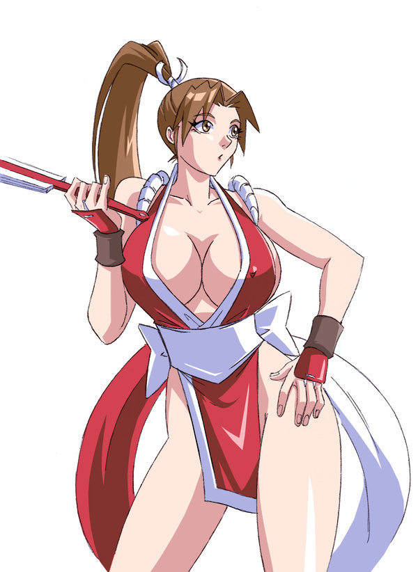 1girl breasts covered_nipples devil-v erect_nipples fan fatal_fury large_breasts no_bra ponytail shiranui_mai simple_background snk solo white_background