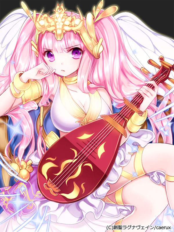 bad_id bad_pixiv_id biwa_lute bracelet breasts choker cleavage crossed_legs frown instrument jewelry joypyonn large_breasts long_hair looking_at_viewer lute_(instrument) original pink_hair purple_eyes sitting solo sousei_ragnavein tiara twintails