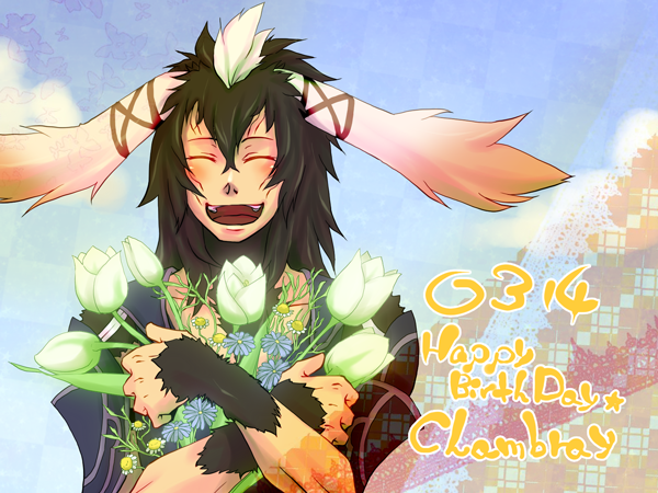 :d ^_^ animal_ears armor birthday black_hair blush bug bunny_ears butterfly chambray closed_eyes cloud daisy dated day english fire_emblem fire_emblem:_kakusei flower fur hair_between_eyes happy insect male_focus multicolored_hair open_mouth shoulder_pads sky smile solo star tulip two-tone_hair white_hair