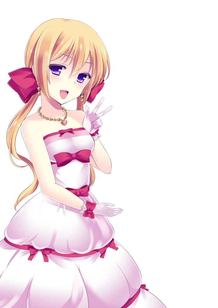 agekichi_(heart_shape) bad_id bad_pixiv_id bare_shoulders blonde_hair blush dress earrings gloves jewelry kuu_(agekichi) long_hair looking_at_viewer necklace open_mouth original purple_eyes simple_background smile solo v white_background
