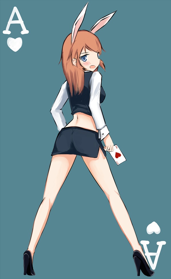 :d ace alternate_costume animal_ears aqua_background ass back bangs bare_legs blue_eyes blush breasts bunny_ears card card_(medium) charlotte_e_yeager crop_top croupier dress_shirt from_behind full_body heart high_heels holding holding_card legs long_hair long_legs long_sleeves looking_at_viewer looking_back medium_breasts miniskirt open_mouth orange_hair pencil_skirt playing_card rasielcochma shirt shoes side_slit simple_background skirt smile solo spread_legs standing strike_witches swept_bangs vest white_shirt world_witches_series