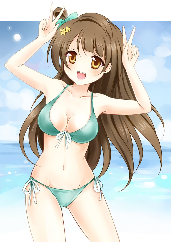 bikini blush bow breasts brown_eyes brown_hair cameltoe cleavage double_v front-tie_top green_bikini groin hair_bow long_hair looking_at_viewer love_live! love_live!_school_idol_project medium_breasts minami_kotori navel nikoo no_nose ocean open_mouth side-tie_bikini smile solo strap_gap swimsuit v water