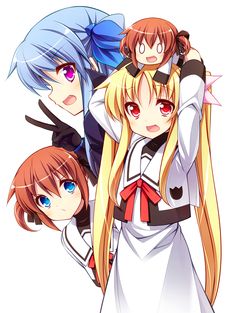 blonde_hair blue_eyes blue_hair blush brown_hair chibi dual_persona fang fate_testarossa gloves long_hair long_sleeves lyrical_nanoha mahou_shoujo_lyrical_nanoha mahou_shoujo_lyrical_nanoha_a's mahou_shoujo_lyrical_nanoha_a's_portable:_the_battle_of_aces material-l multiple_girls open_mouth purple_eyes red_eyes ribbon school_uniform seishou_elementary_school_uniform short_twintails smile takamachi_nanoha teruui twintails v white_background