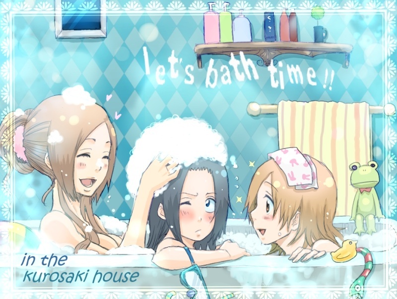 3girls bathing bleach inoue_orihime kurosaki_karin kurosaki_yuzu meitarou multiple_girls