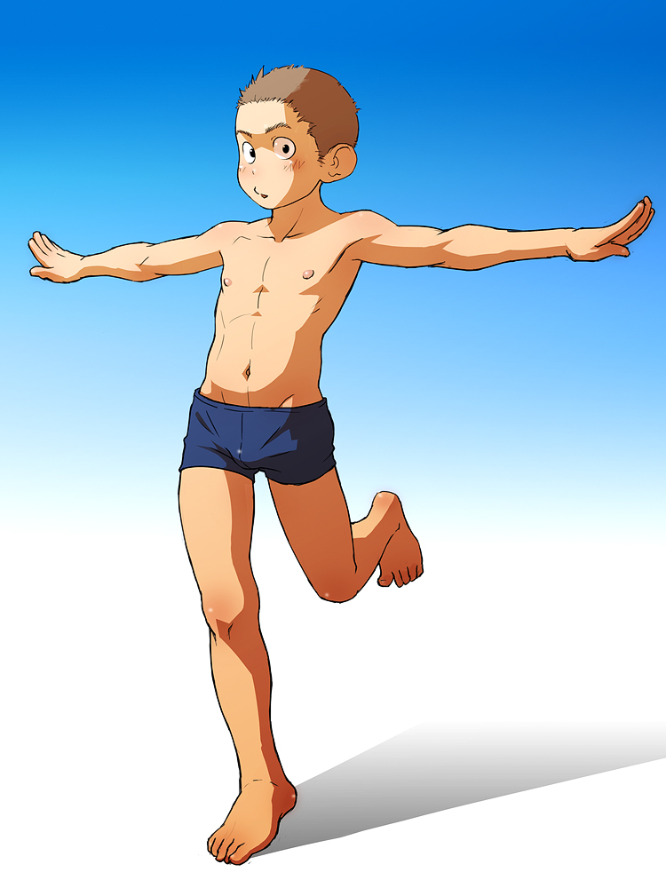 barefoot blue_briefs blush briefs brown_hair full_body leg_lift male_focus muscle navel original outstretched_arms shirtless solo torte_(triggerhappy) underwear