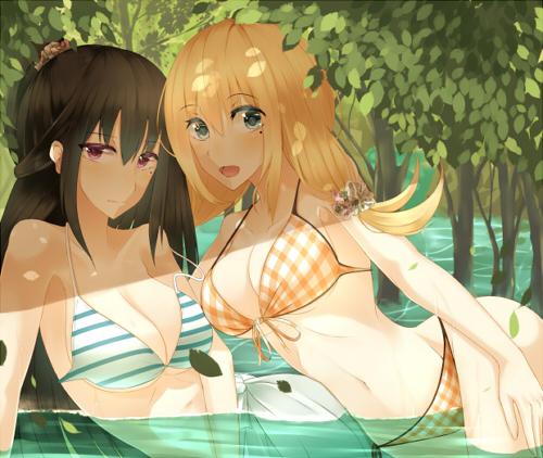 bad_id bad_pixiv_id bikini blonde_hair blush breasts brown_hair cleavage front-tie_top green_eyes karube long_hair looking_at_viewer lowres medium_breasts mole multiple_girls navel open_mouth original partially_submerged plaid red_eyes shade strap_gap striped striped_bikini striped_swimsuit swimsuit water