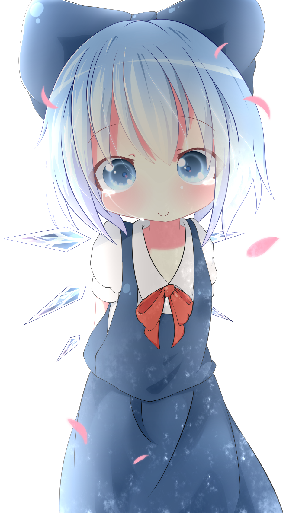 akisha arms_behind_back backlighting bad_id bad_pixiv_id blue_eyes blue_hair bow cirno crying crying_with_eyes_open dress hair_bow highres ice ice_wings looking_at_viewer petals puffy_sleeves shirt short_sleeves skirt skirt_set smile solo tears touhou vest wings