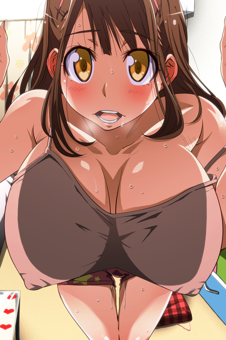 bent_over breasts breath brown_eyes brown_hair camisole cleavage covered_nipples heavy_breathing huge_breasts kunifuto looking_at_viewer original pov puffy_nipples saliva solo staring sweat