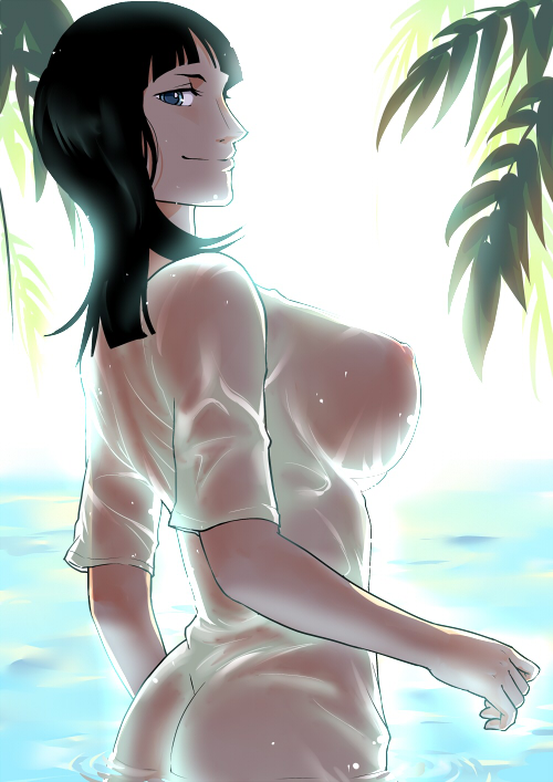 ass back beigoma black_hair blue_eyes breasts butt_crack large_breasts looking_back nico_robin nipples one_piece see-through smile solo wading water wet wet_clothes