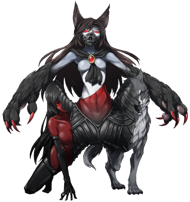 animal_ears black_hair brown_hair claws commentary_request elbow_gloves full_body gloves imaizumi_kagerou long_hair mazeran muzzle paws persona red_eyes red_skin tail thighhighs touhou transparent_background werewolf wolf wolf_ears wolf_tail