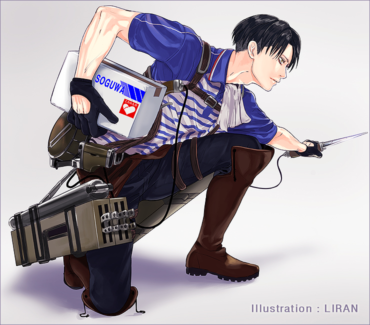 artist_name black_gloves black_hair boots gloves levi_(shingeki_no_kyojin) liran_(iro) male_focus package pose shingeki_no_kyojin solo squatting three-dimensional_maneuver_gear