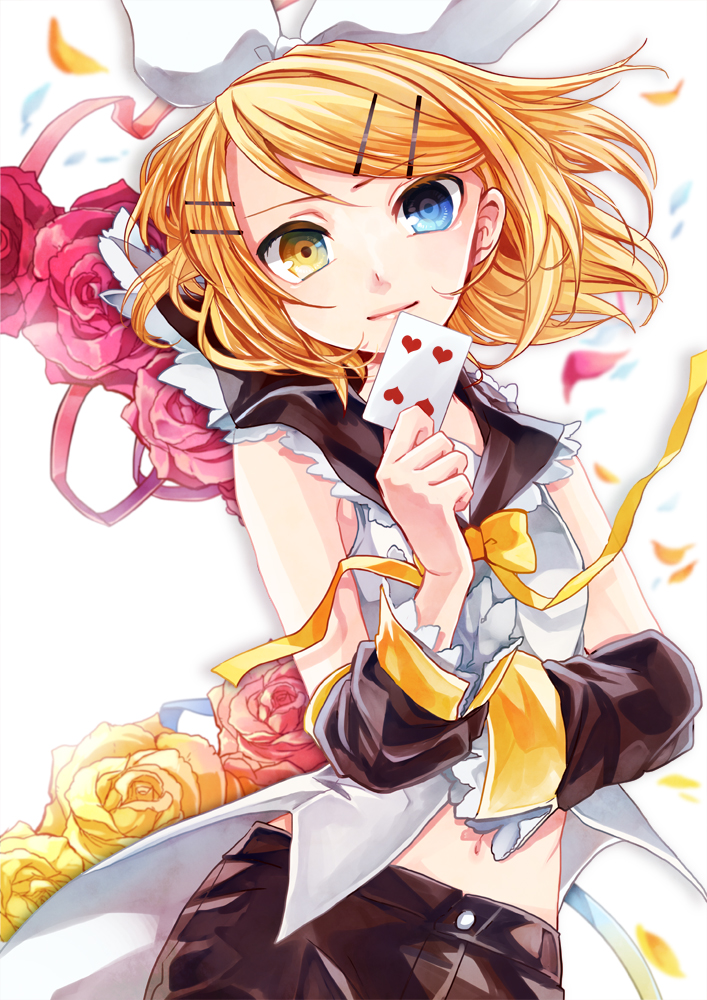 arm_warmers blonde_hair blue_eyes card flower hair_ornament hair_ribbon hairclip heterochromia holding holding_card kagamine_rin navel playing_card ribbon sailor_collar short_hair shorts smile solo ui_(rot) vocaloid yellow_eyes