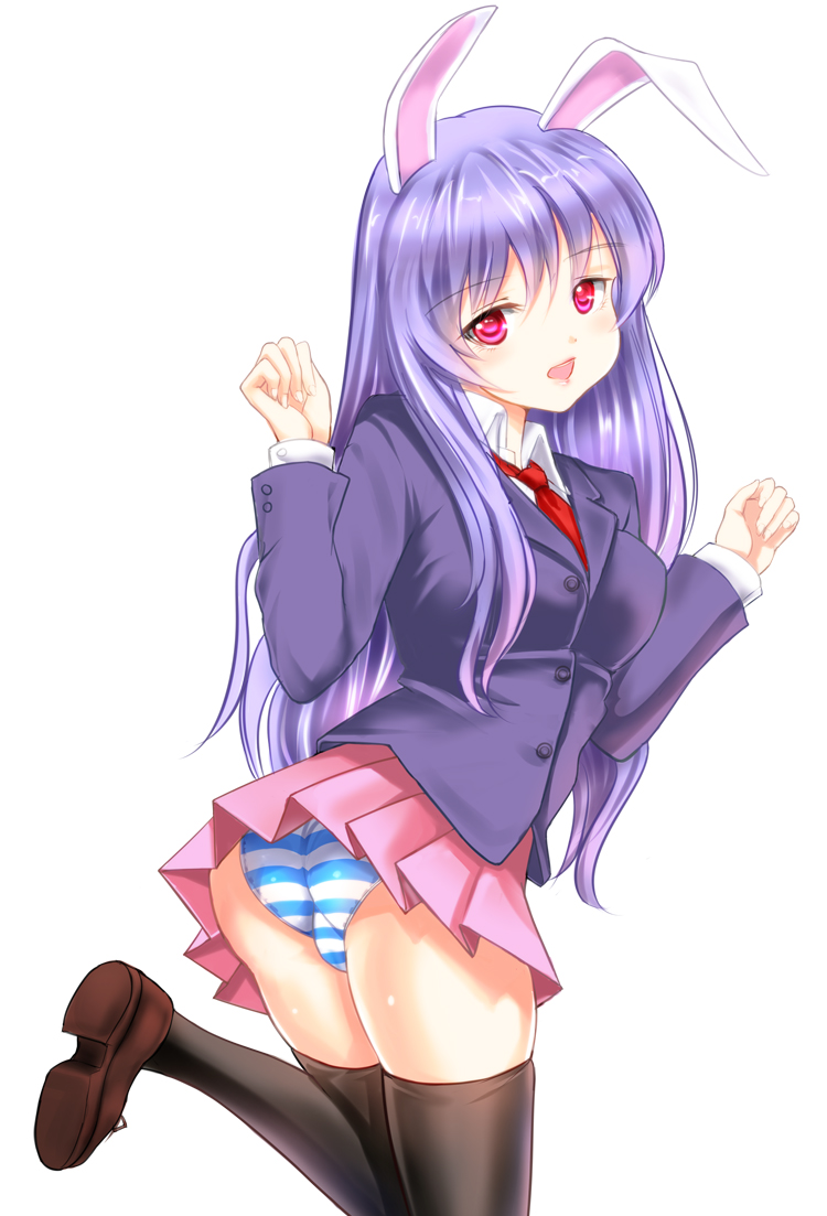 animal_ears ass back bad_id bad_pixiv_id blush bunny_ears dress_shirt gorua_(youce01) jacket loafers long_hair looking_at_viewer looking_back miniskirt necktie open_mouth panties pleated_skirt purple_hair red_eyes red_neckwear reisen_udongein_inaba running shirt shoes skindentation skirt solo striped striped_panties thighhighs touhou underwear w_arms white_background white_shirt