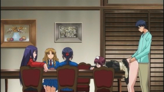 4girls anata_dake_konbanwa animated animated_gif apron ass ass_grab bent_over blonde_hair censored character_request clothed_sex dinner doggystyle dress dress_lift eating glasses indoors maid maid_apron maid_headdress multiple_girls school_uniform sex table