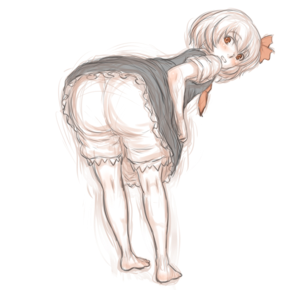 ass barefoot bent_over black_dress blonde_hair bloomers blush dress dress_lift full_body hair_ribbon kuro_suto_sukii looking_at_viewer looking_back red_eyes ribbon rumia shirt short_sleeves simple_background sketch solo touhou underwear white_background
