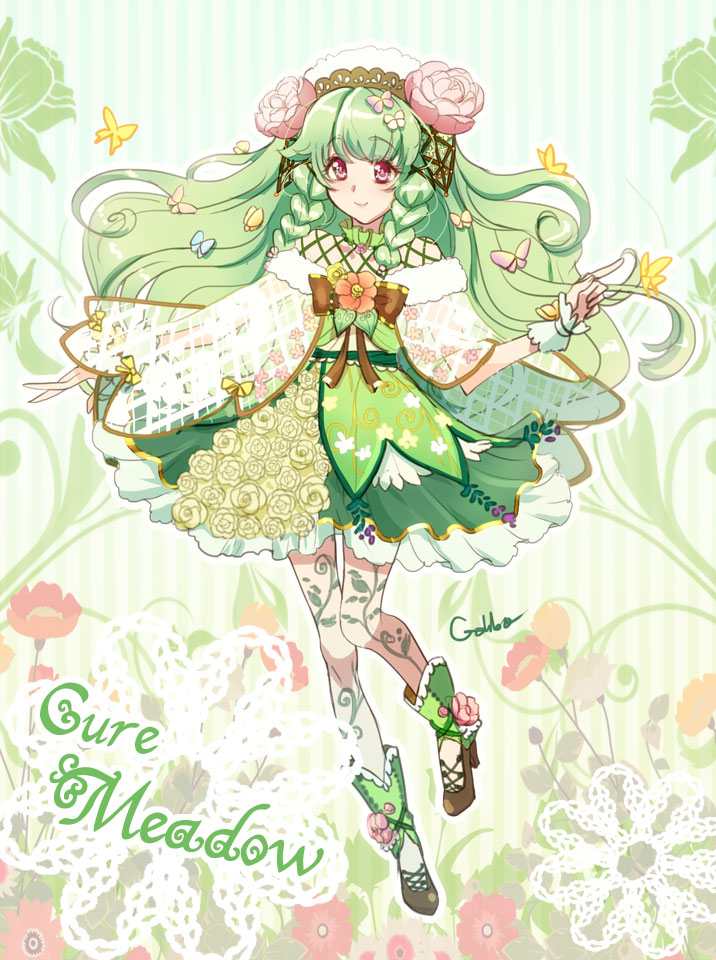 asymmetrical_clothes bow braid brown_bow bug butterfly character_name dress flower full_body galibo green green_hair headdress insect long_hair magical_girl original pink_eyes pink_flower pink_rose precure ribbon rose shawl shoes signature smile solo yellow_flower yellow_rose