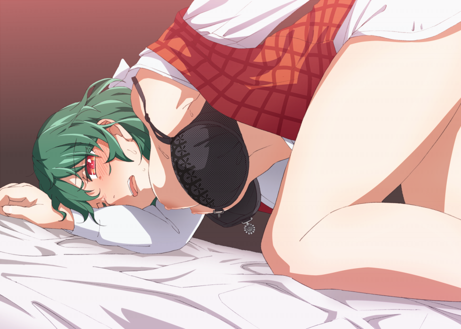 bare_legs bed_sheet black_bra blush bottomless bra bra_pull breasts ckln green_hair implied_sex kazami_yuuka medium_breasts nipples open_clothes open_mouth open_shirt plaid plaid_vest red_eyes shirt short_hair solo sweat top-down_bottom-up touhou underwear unfastened vest wince