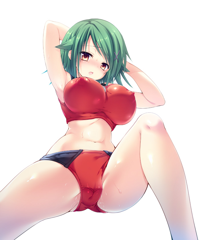 armpits arms_up breasts brown_eyes cameltoe covered_nipples green_hair large_breasts navel original sanshoku_amido short_hair simple_background solo sports_bikini sweat white_background