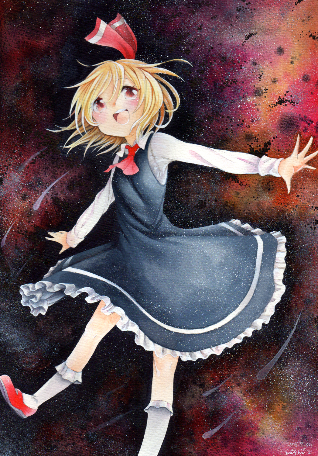 artist_name ascot blonde_hair blush color_ink_(medium) dated dress hair_ribbon highres ink_(medium) mosho open_mouth outstretched_arms red_eyes ribbon rumia short_hair smile solo touhou traditional_media watercolor_(medium)