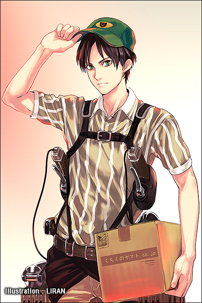 artist_name baseball_cap black_hair box cardboard_box delivery employee_uniform eren_yeager hand_on_headwear hat liran_(iro) male_focus package shingeki_no_kyojin shirt solo striped striped_shirt three-dimensional_maneuver_gear uniform vertical_stripes