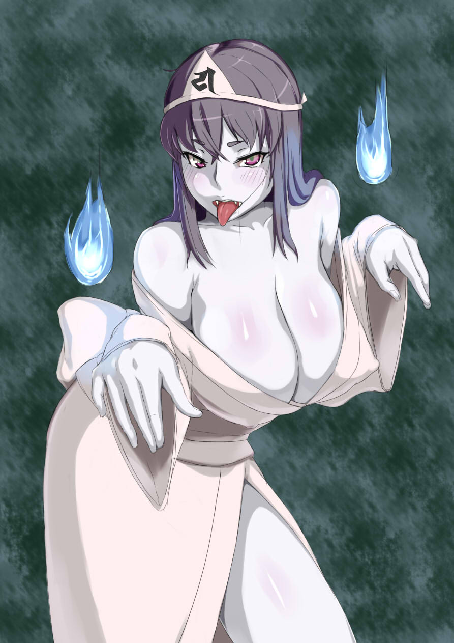 bare_shoulders blush breasts cleavage collarbone commentary_request covered_nipples cowboy_shot fangs foreshortening ghost grey_hair highres hitodama japanese_clothes kimono large_breasts leaning_forward long_hair long_sleeves looking_at_viewer obmas_(pfeito) off_shoulder original pale_skin pink_eyes shiroshouzoku side_slit sidelocks solo tongue tongue_out triangular_headpiece white_skin wide_sleeves