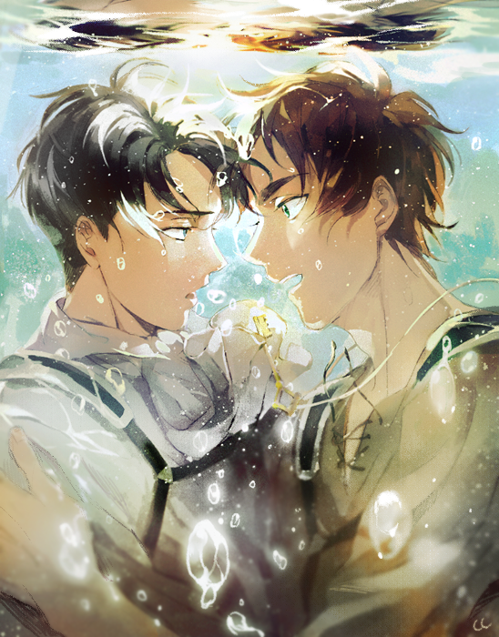 black_hair brown_hair chacall eren_yeager green_eyes levi_(shingeki_no_kyojin) multiple_boys shingeki_no_kyojin underwater