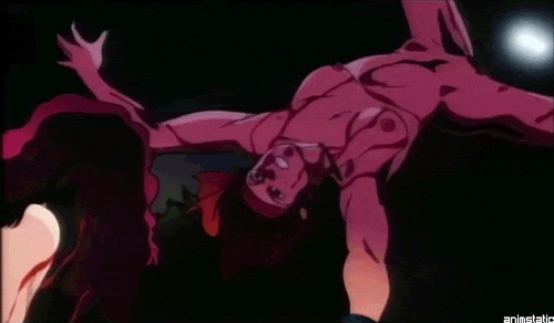 1girl 2girls 80s animated animated_gif blood breasts covering_face death go_nagai guro intestines jack kill multiple_girls nagai_gou nipples nude oldschool open_mouth pain screaming sugino_akio upside-down violence_jack