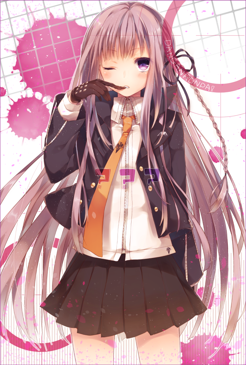 braid danganronpa danganronpa_1 gloves hair_ribbon highres kirigiri_kyouko komeshiro_kasu long_hair necktie purple_eyes purple_hair ribbon school_uniform single_braid skirt solo zipper