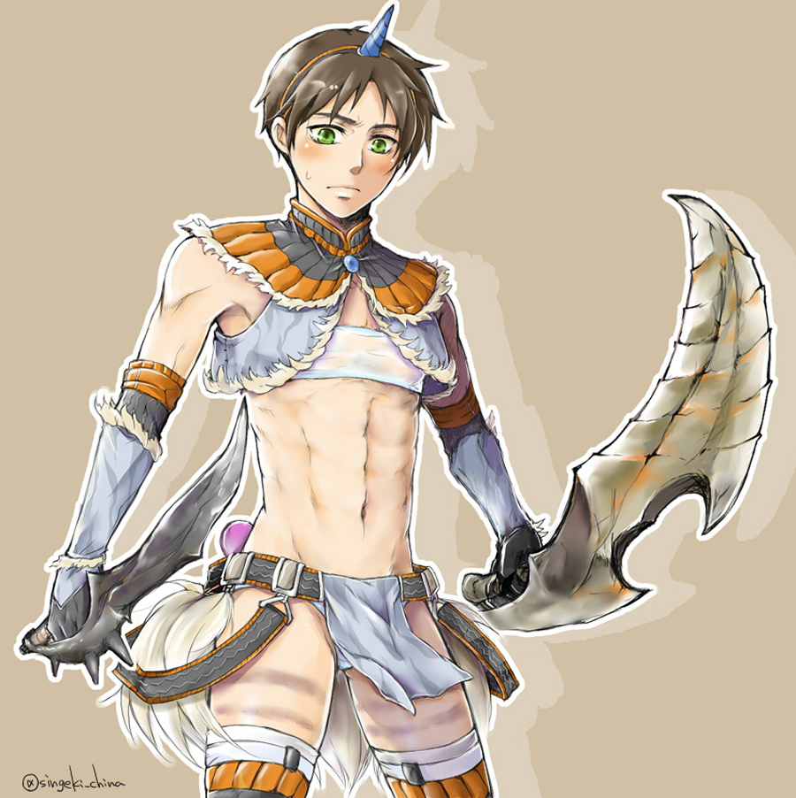 abs androgynous armor brown_hair china_00000 cosplay dagger dual_wielding eren_yeager green_eyes holding horn kirin_(armor) loincloth male_focus midriff monster_hunter muscle parody shingeki_no_kyojin solo sword tail weapon