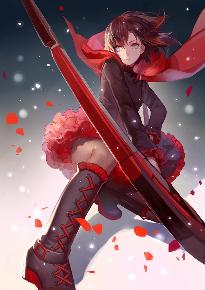 ask_(askzy) boots cape crescent_rose cross-laced_footwear holding holding_weapon lace-up_boots pantyhose red_hair ruby_rose rwby scythe short_hair silver_eyes solo weapon
