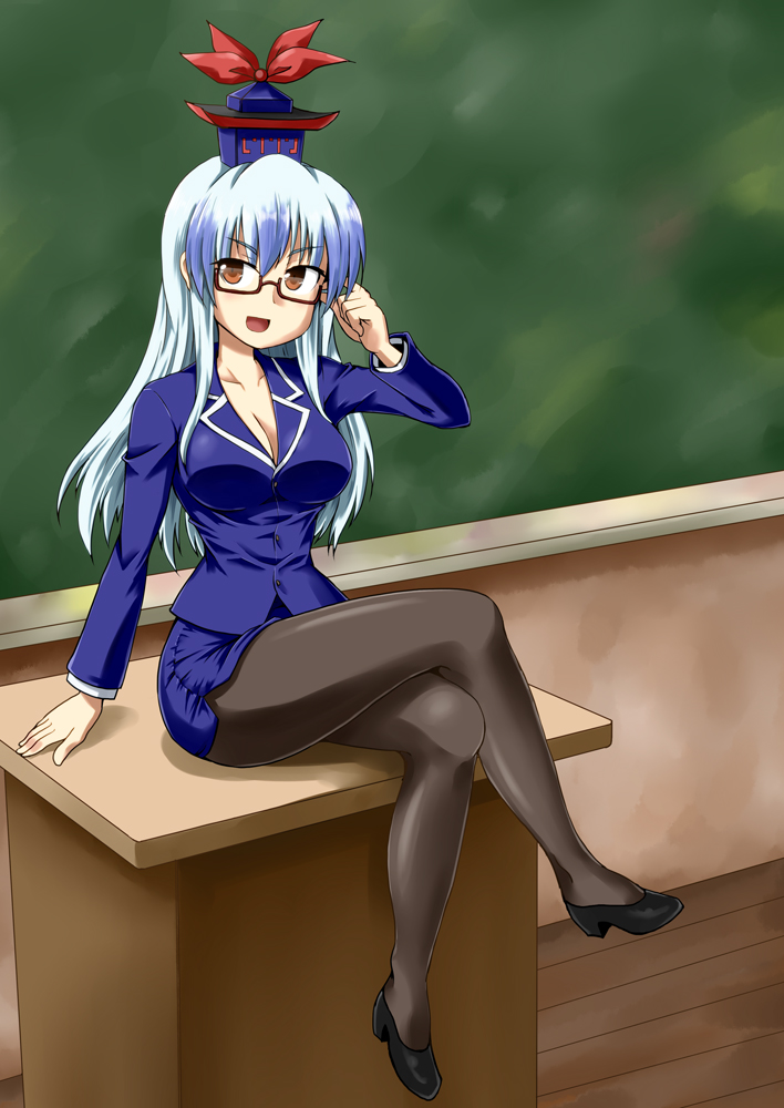 adapted_costume bespectacled blue_hair breasts brown_eyes chalkboard cleavage crossed_legs formal glasses jacket kamishirasawa_keine kousei_(public_planet) long_hair medium_breasts miniskirt pantyhose pencil_skirt sitting skirt skirt_suit solo suit teacher touhou