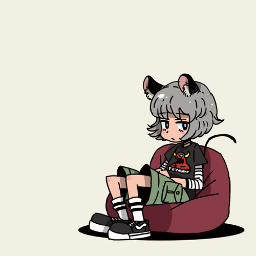 bad_id bad_pixiv_id casual clothes_writing contemporary lowres nazrin shoes shorts sitting sixxxx sneakers solo touhou