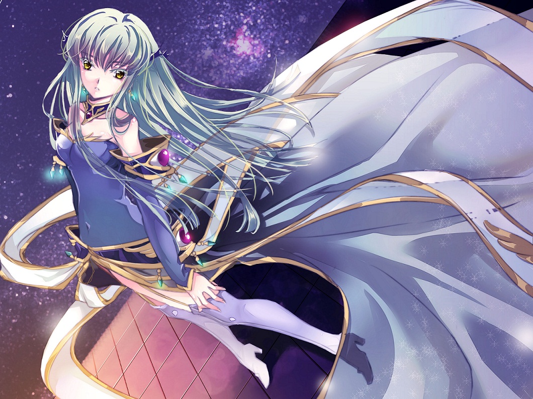 boots breasts c.c. code_geass detached_sleeves dress garter_straps green_hair hair_ornament high_heels long_hair medium_breasts meimi_k solo star_(sky) thigh_boots thighhighs yellow_eyes