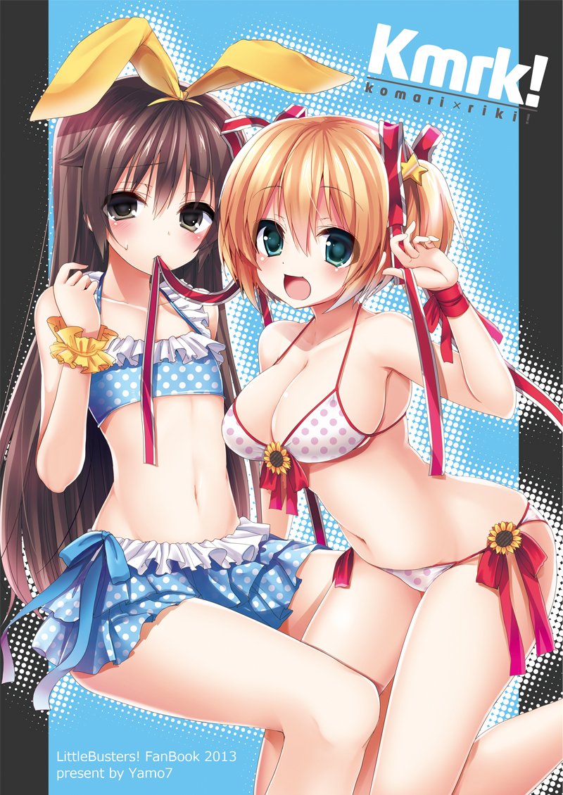 1girl bikini bikini_skirt blonde_hair breasts brown_eyes brown_hair cleavage crossdressing green_eyes kamikita_komari large_breasts little_busters! long_hair masayu mouth_hold naoe_riki navel otoko_no_ko polka_dot polka_dot_bikini polka_dot_swimsuit ribbon short_hair smile stomach swimsuit twintails