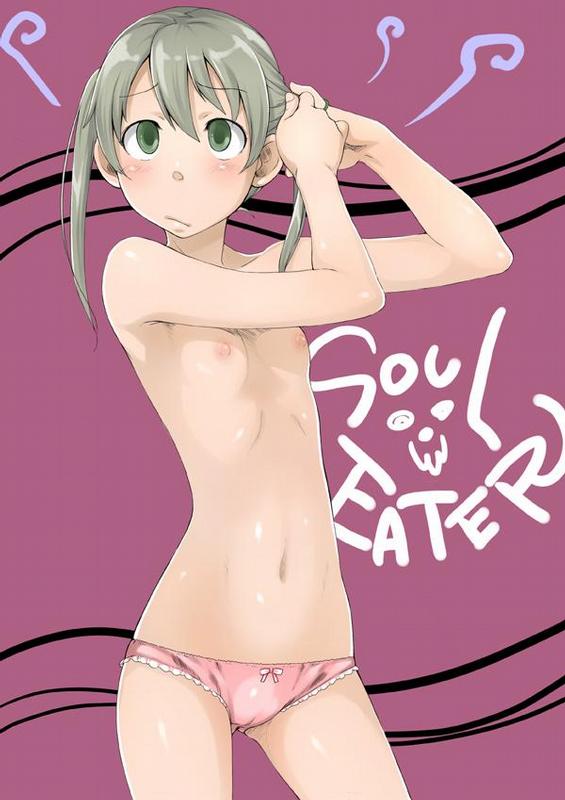 1girl blush bow bow_panties breasts cameltoe cowboy_shot flat_chest green_eyes lace-trimmed_panties legs maka_albarn navel nipples panties pink_panties purple_background pussy_juice short_twintails simple_background small_breasts solo soul_eater standing topless twintails underwear