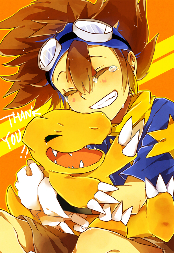agumon close_eyes cry crying digimon digimon_adventure eyes_closed open_mouth yagami_taichi