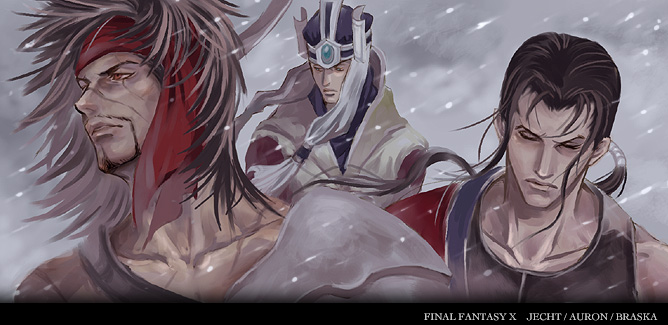 arisue_kanako auron black_hair braska brown_hair character_name closed_eyes collarbone copyright_name facial_hair final_fantasy final_fantasy_x jecht male_focus multiple_boys purple_hair snow wind